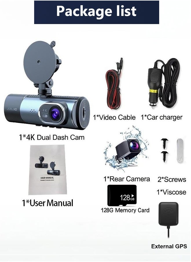 كاميرا Dash Cam 4K Dash Cam 3 قنوات Dvr GPS 5G GPS 5G Wifi كاميرا داخلية لمقصورة السيارة تتضمن فيديو 128G بطاقة 128G