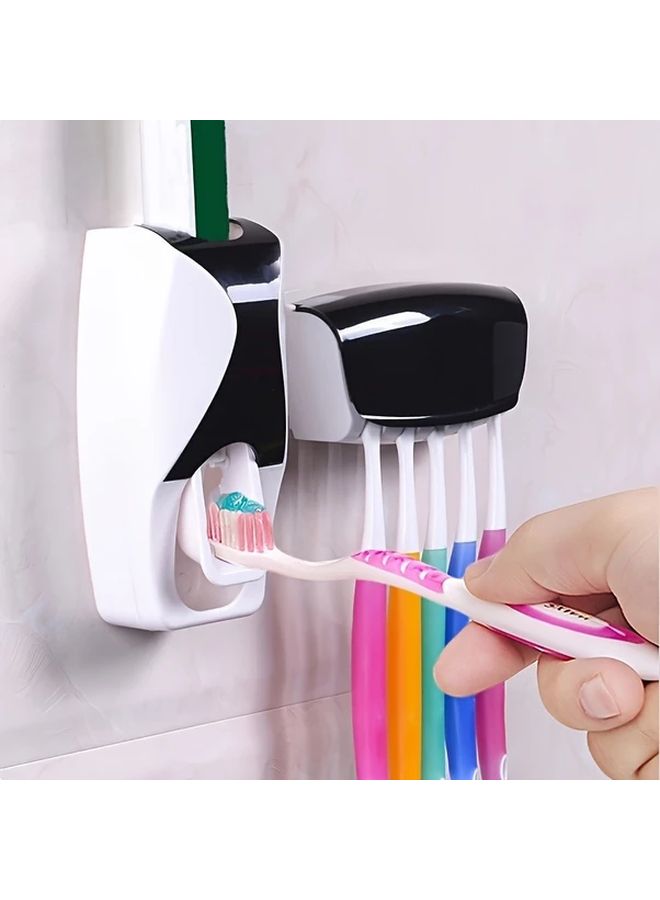 Black And White Wall Mounted Toothbrush Holder With Automatic Toothpaste Dispenser For 5 Brushes - Image 1