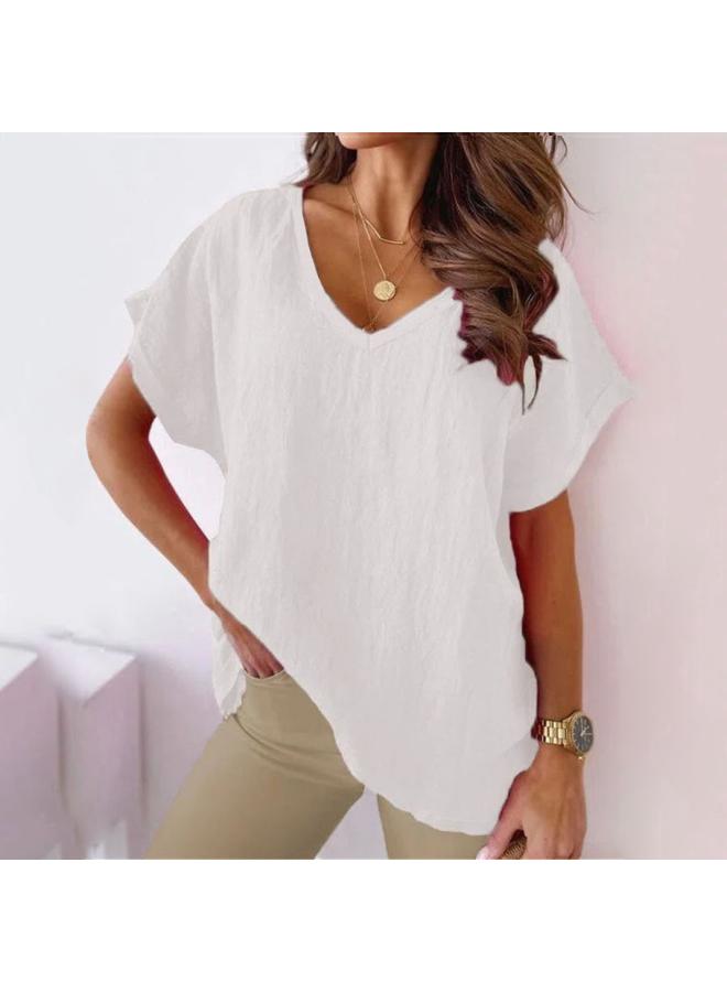 Summer European And American Popular Plus Size Women's Clothing Solid Color V-neck Cotton And Linen Casual Bat Short Sleeve T-shirt For Women