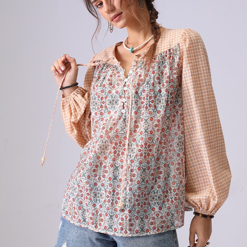 IRISERLY French Niche Patchwork Floral Fashion Womens Blouse Spring and Summer V-neck Lace-up Long Sleeve Shirt for Women Original Orange-Orange
