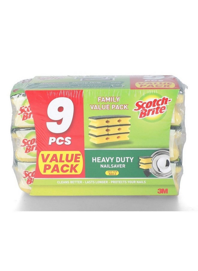 Scotch Brite 9-Piece Heavy Duty Nail Saver Scrub Sponge Green and Yellow 13 x 9 x 20 cm XN005310604 - Image 1
