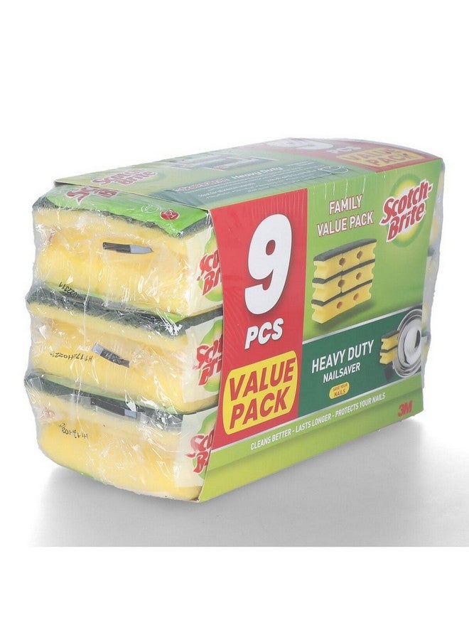 Scotch Brite 9-Piece Heavy Duty Nail Saver Scrub Sponge Green and Yellow 13 x 9 x 20 cm XN005310604 - Image 2