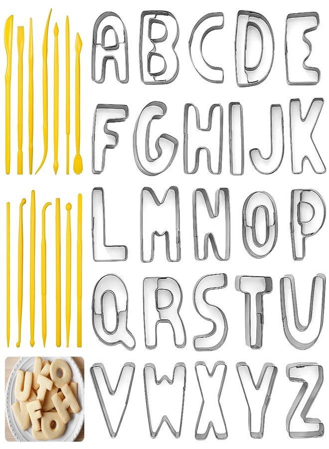 Qulkws 26 Pcs Letter Cookie Cutters Set Fondant Biscuit Fruit Dough Mould with 14 Pcs Double-Ended Fondant Tools 1 Inch Stainless Steel Letter Cutters for Birthday Party Christmas Decor - Image 1