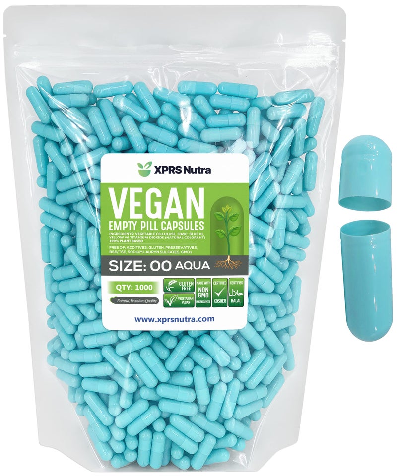 XPRS Nutra كبسولات فارغة حجم 00 عدد 1000 كبسولات نباتية فارغة حبوب فارغة DIY تعبئة كبسولات الخضار أغطية حبوب نباتية أكوا