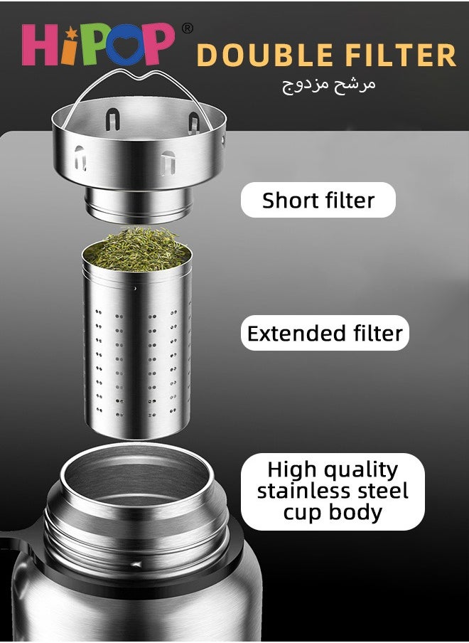 HIPOP - Insulated Stainless Steel Water Bottle, with Cup Lid and Tea Strainer, Portable Sports Water Jug with Carring Strap and Leak Proof Lid, Vacuum Metal Thermos Water Cup, for Sports, School, Office - Image 1