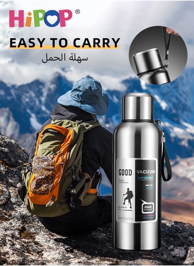 HIPOP - Insulated Stainless Steel Water Bottle, with Cup Lid and Tea Strainer, Portable Sports Water Jug with Carring Strap and Leak Proof Lid, Vacuum Metal Thermos Water Cup, for Sports, School, Office - Image 1