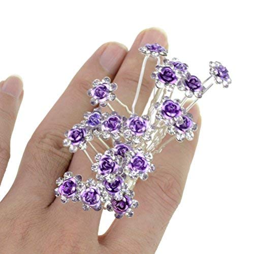 Rbenxia 20 Pcs Bridal Wedding Rhinstone Hair Pins hair Accessories Hair Sticks 2.4 Inches Bridal Prom Clips Rose U-shaped Hair Pins for Women and Girls, Purple - Image 5