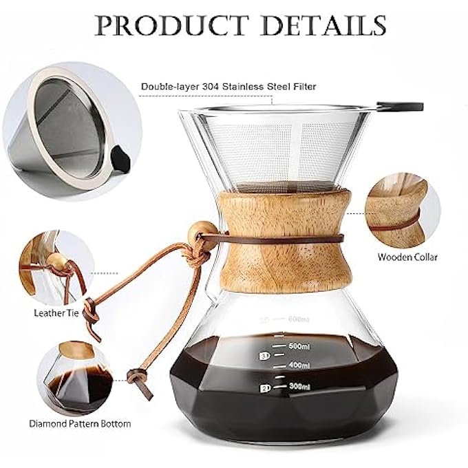 Unity Pour Over Coffee Maker With Reusable Stainless Steel Filter 600 Ml Borosilicate Glass Coffee Carafe Wooden Collar Coffee Dripper Brewer Hold 3 Cups 600Ml - Image 4