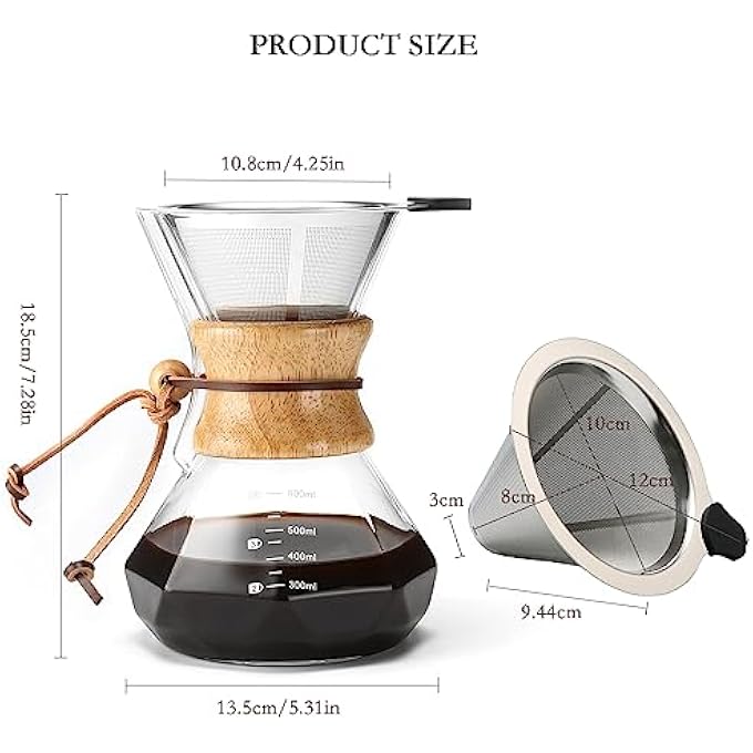 Unity Pour Over Coffee Maker With Reusable Stainless Steel Filter 600 Ml Borosilicate Glass Coffee Carafe Wooden Collar Coffee Dripper Brewer Hold 3 Cups 600Ml - Image 5