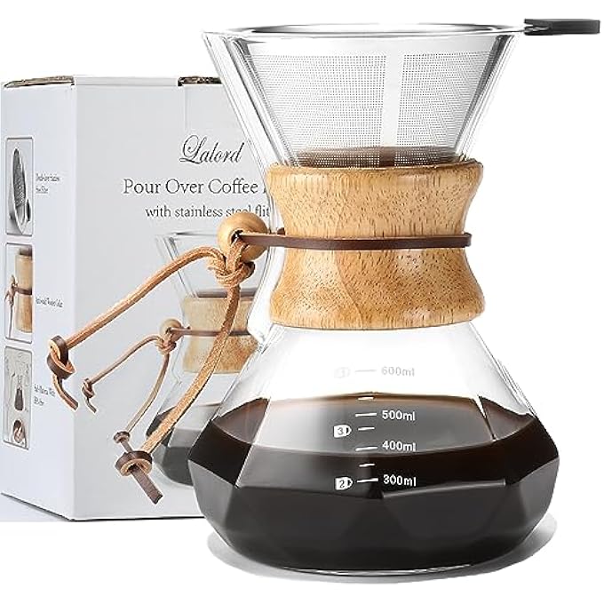 Unity Pour Over Coffee Maker With Reusable Stainless Steel Filter 600 Ml Borosilicate Glass Coffee Carafe Wooden Collar Coffee Dripper Brewer Hold 3 Cups 600Ml - Image 1