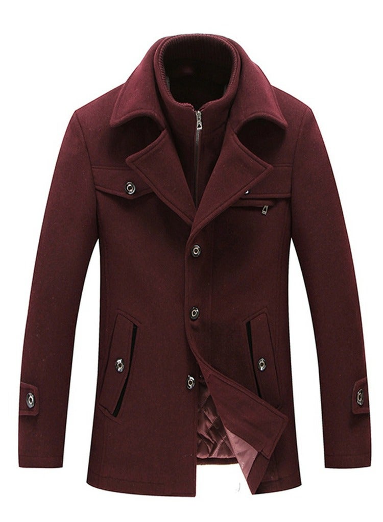 Loquat Men's Double Collar With Detachable Inner Collar Coat Regular Fit Winter Thick Trench Jacket Wine Red  - Image 1