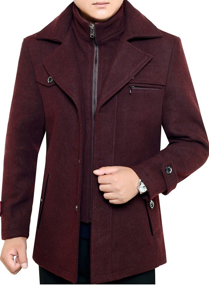 Loquat Men's Double Collar With Detachable Inner Collar Coat Regular Fit Winter Thick Trench Jacket Wine Red  - Image 2