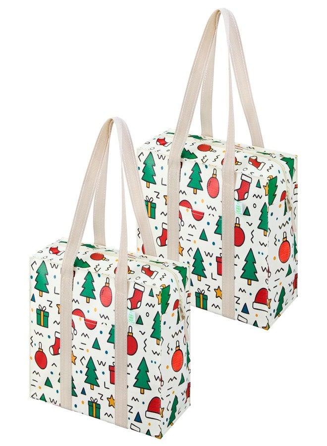 VENO 2 Pack Christmas Tote Bag with Zipper, Reusable Grocery Shopping Bag, Heavy Duty, Water Resistance Shoulder Handbag for Women Men (Jingle Mix) - Image 1