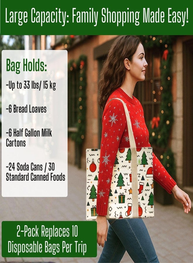 VENO 2 Pack Christmas Tote Bag with Zipper, Reusable Grocery Shopping Bag, Heavy Duty, Water Resistance Shoulder Handbag for Women Men (Jingle Mix) - Image 5