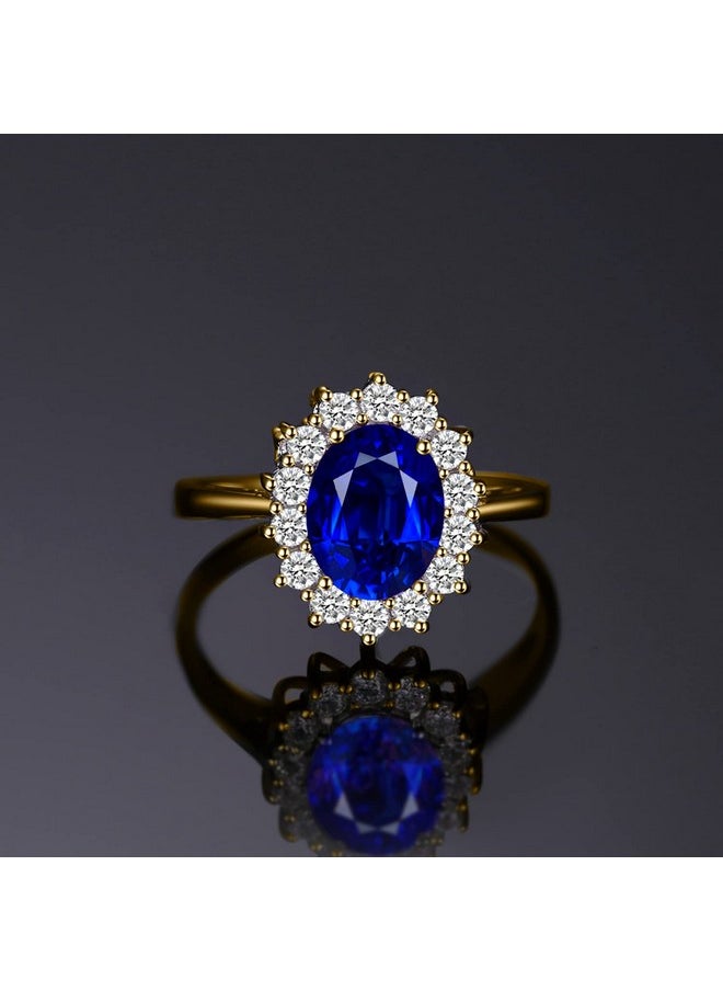 JewelryPalace - Princess Diana Kate Middleton Gemstone Birthstone Blue Sapphire Halo Statement Engagement Rings For Women, 14K Yellow Gold Plated 925 Sterling Silver Promise Rings For Her Size 7.5 - Image 1
