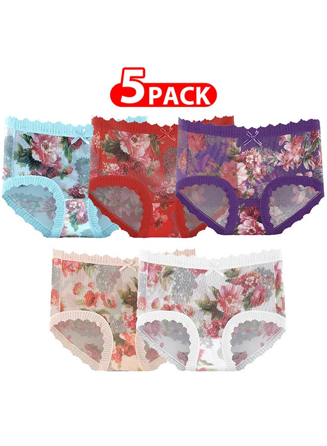 MARGOUN 5 Packs Ultra-thin Panties Women Lace Briefs Ice Silk Mid-Waist Panties Female Lingerie Fashion Flower Print Seamless Underwear/M (Waist 22'')--L (Waist 24'')--XL (Waist 26'') - Image 1