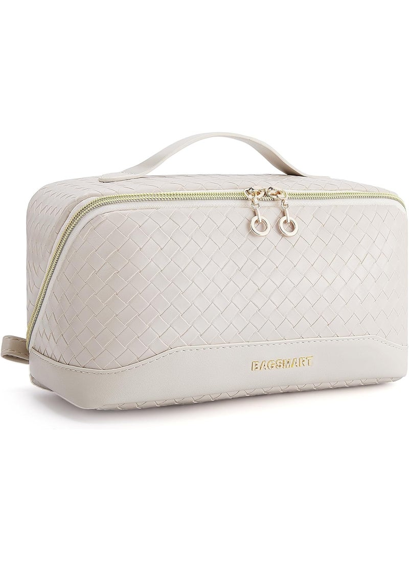 BAGSMART - BAGSMART Makeup Bag Cosmetic Bag, Travel Makeup Bag, PU leather Makeup Bags for Women Portable Water-resistent Pouch Open Flat Make Up Organizer Bag for Toiletries, Brushes Leather Beige - Image 1
