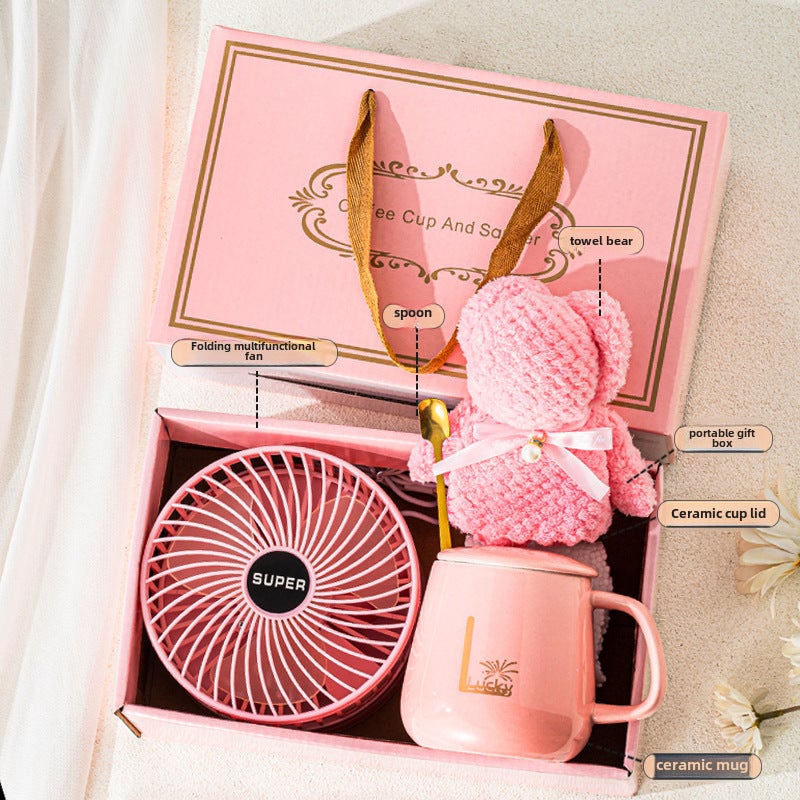USB Chargeable Folding Fan Mini Portable Sakura Powder Fan Cup Towel Bear Accompanying Gift suit