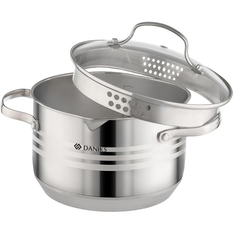 Daniks Tokio Stainless Steel Stock Pot with Glass Strainer Lid  Induction 3 Quart Dishwasher Safe Measuring Scale For Soup Pasta Stew Silver