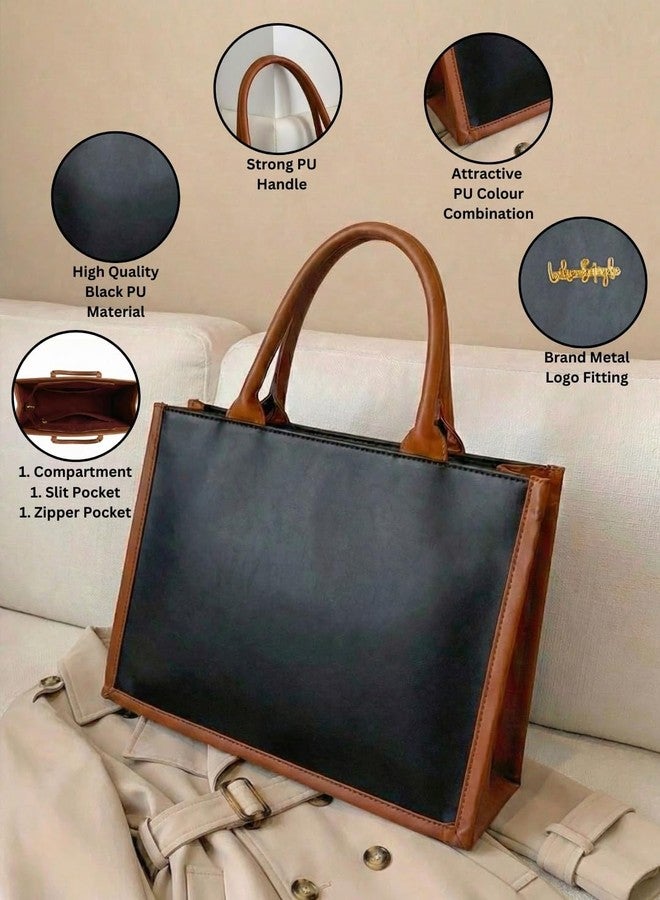 LIKE STYLE Women’s Dual-Tone PU Tote Bag | Spacious Shoulder Handbag with Zip Closure | Office, College & Everyday Use (Fits 12-Inch Laptop) (Black) - Image 5
