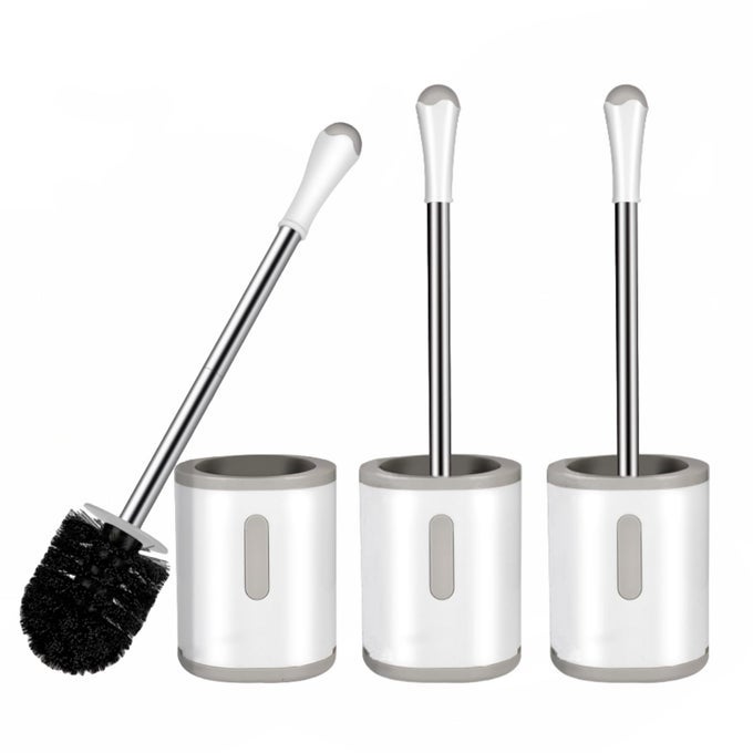 TOILET BRUSH AND HOLDER 3 PACK COMPACT SIZE TOILET BOWL BRUSH WITH STAINLESS STEEL HANDLE SMALL SIZE PLASTIC HOLDER EASY TO HIDE SPACE SAVING FOR STORAGE DRIPPROOF EASY TO ASSEMBLE DEEP CLEANING