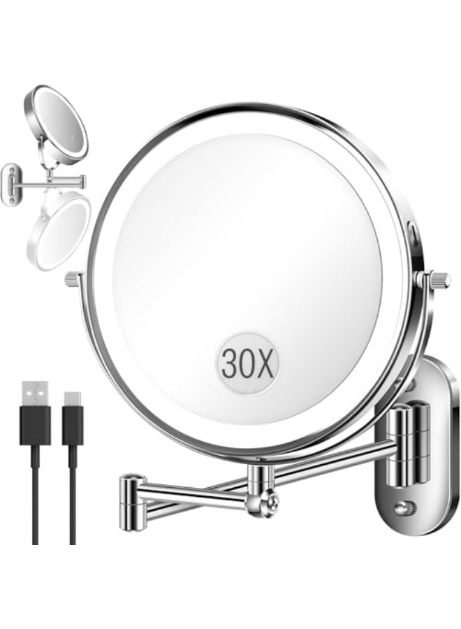 VFD 9 30X1X Wall Mounted Lighted Makeup Mirror Height Adjustable Double Sided 5000mAh Rechargeable Magnifying Bathroom Mirror with Light 3 Color Modes Touch Dimmable Extended Arm 360 Rotation - Image 1