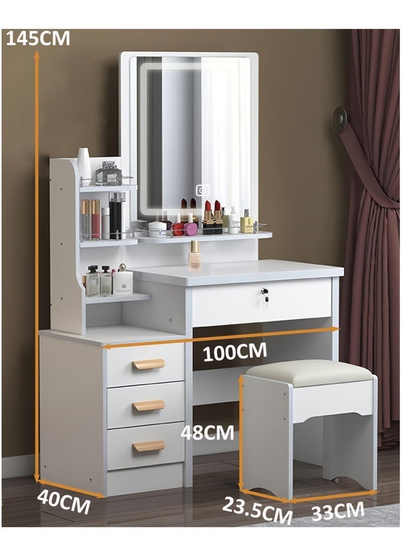Makeup Vanity Desk with Mirror & Lights, Vanity Table and Chair Set with 4 Drawers & Hidden Storage Shelves, Dressing Table for Bedroom, Women Girls Gift（White, SZZ008LED） - Image 3