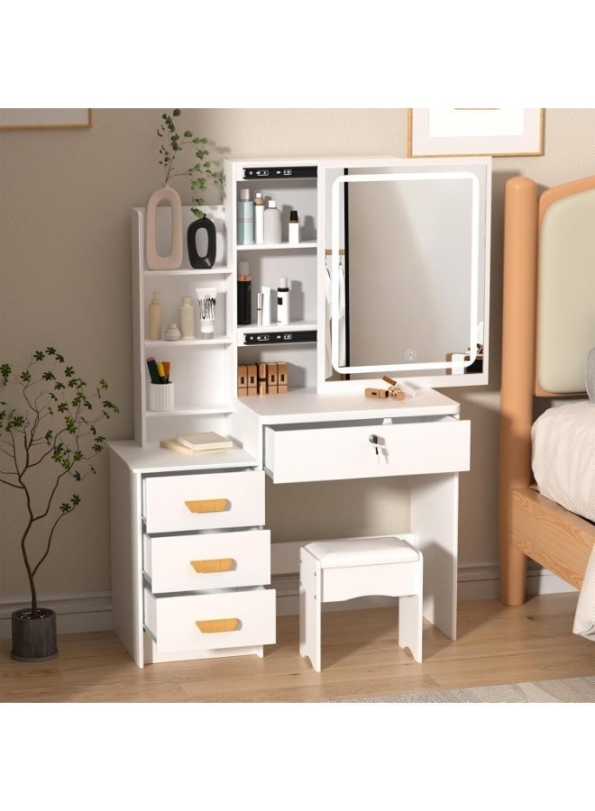 Makeup Vanity Desk with Mirror & Lights, Vanity Table and Chair Set with 4 Drawers & Hidden Storage Shelves, Dressing Table for Bedroom, Women Girls Gift（White, SZZ008LED） - Image 2