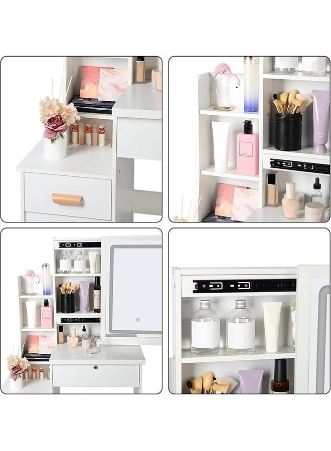 Makeup Vanity Desk with Mirror & Lights, Vanity Table and Chair Set with 4 Drawers & Hidden Storage Shelves, Dressing Table for Bedroom, Women Girls Gift（White, SZZ008LED） - Image 4