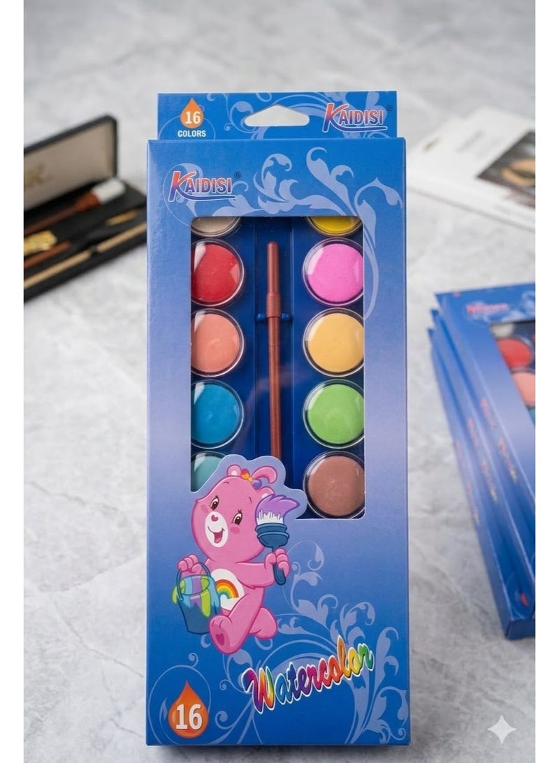 16-color watercolor set with paintbrushes - delightful cartoon design for children and hobbyists - Image 1