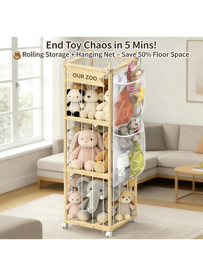 SANXUO Wooden Stuffed Animal Storage Organizer,Hanging & Rolling Toy Storage,Space-Saving Plush Zoo Cage Holder for Kids'Bedroom, Nursery, Playroom,Gift for Boys & Girls - Image 4