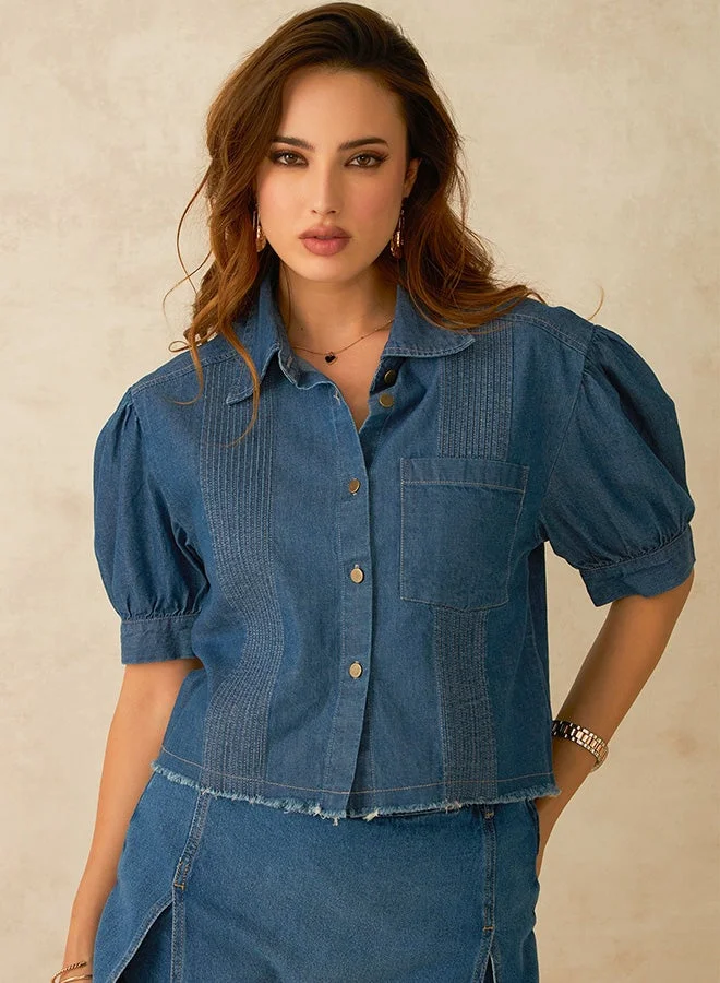 Virgio VIRGIO 100% Cotton Denim Pintuck Detail Crop Shirt