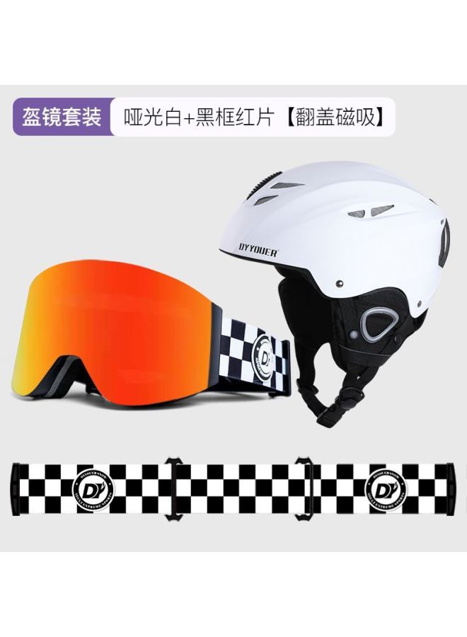 Matte White Ski Helmet with Black Frame Red Film Magnetic Flip Cover - Super Large Field of View, All-in-One Snow Helmet for Men and Women