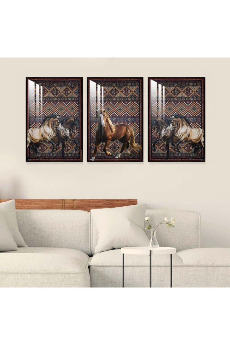 Marktna Three wooden wall painting with a horse design, with a frame and a clear acrylic layer. - Image 1