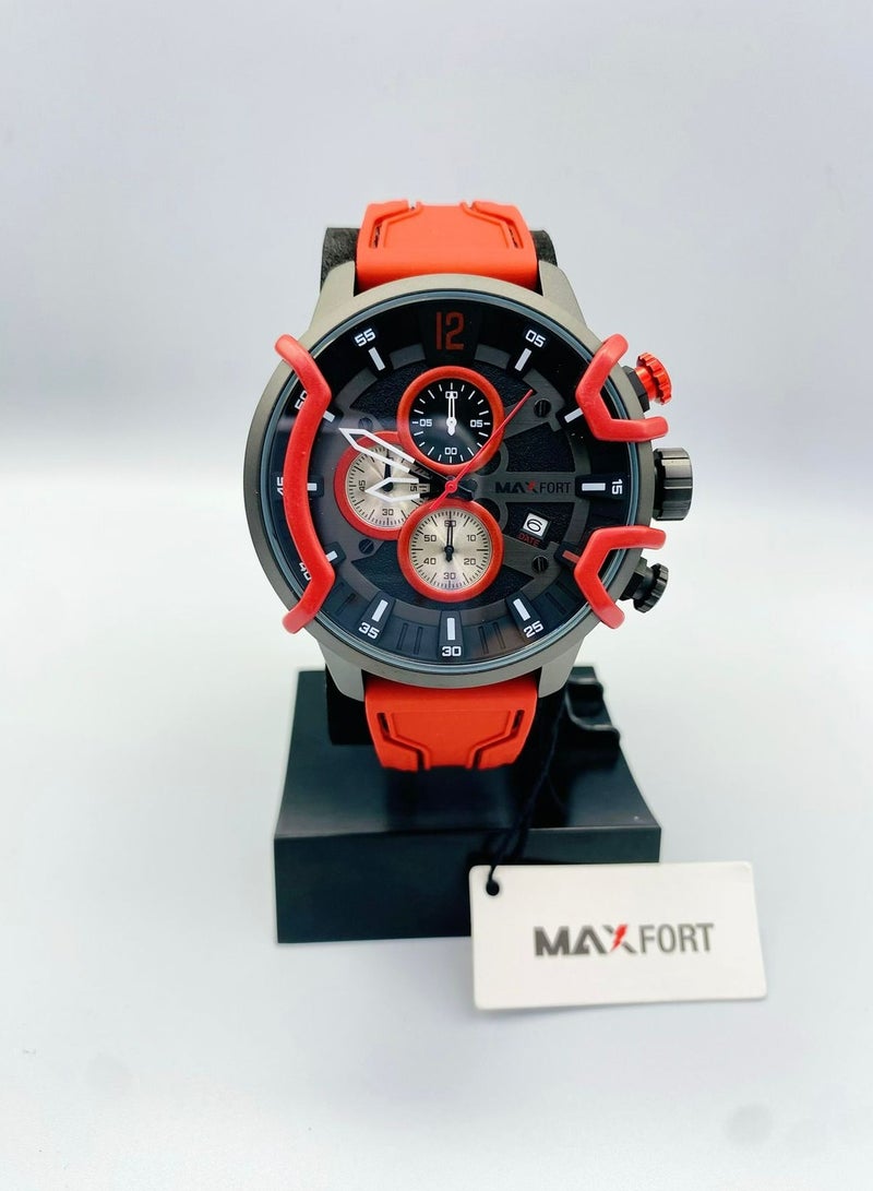 ماكسفورت MAXFORT H4131G - ساعة يد مطاطية حمراء قطعة واحدة مع وجه معدني دائري مع تصميم خلفي معدني مقاومة للماء حركة يابانية - Image 1