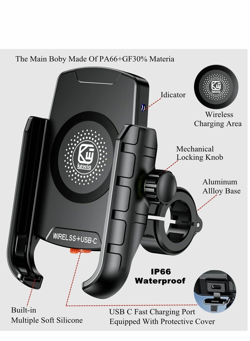 واي آند دي Motorcycle Phone Mount with Qi 15W Wireless Charger & USB C 20W Fast Charging Port,Anti-Slip Aluminum Alloy Mounting Base IP66 Waterproof Handlebar Cell Holder for 4"-8" Cellphone  - Image 3