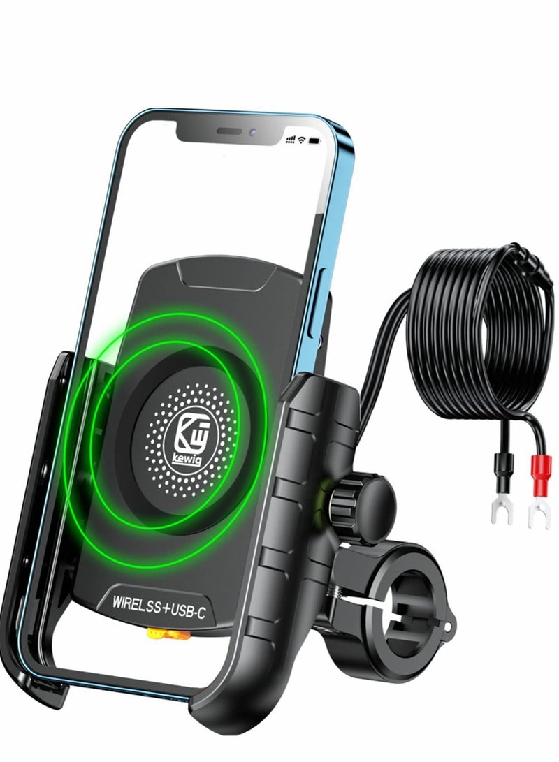 واي آند دي Motorcycle Phone Mount with Qi 15W Wireless Charger & USB C 20W Fast Charging Port,Anti-Slip Aluminum Alloy Mounting Base IP66 Waterproof Handlebar Cell Holder for 4"-8" Cellphone  - Image 1