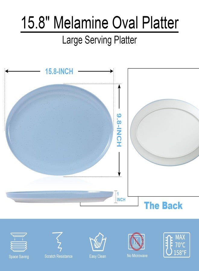 Webbylee 16" Melamine Oval Platter Set of 2- Lightweight Durable Serving Tray for Party, Catering & Home | Dishwasher Safe, Fits Turkey/Charcuterie-Blue & Beige - Image 2