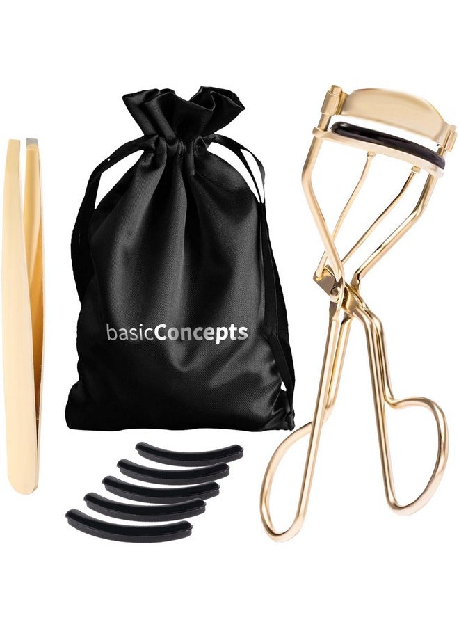 BASIC CONCEPTS Eyelash Curlers Kit (Gold) Premium Lash Curler For Perfect Lashes Universal Eye Lash Curler With 5 Eyelash Curler Refills Eyelash Curler For Women Rizador De Pestañas (Box Colors Vary)  - Image 1
