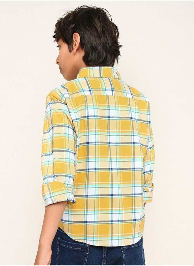 Bonkids - Boy's shirts in regular fit yellow colour cotton fabric embellished pattern pull over closure woven weave type round collar type round neckline half sleeve length button down upper body wear type suitable for casual occasions – a must-have trendsetter this season! - Image 1