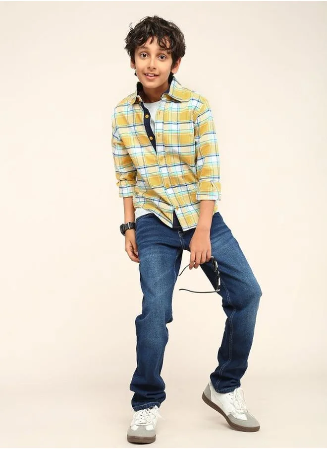 بونكيدز Boy's shirts in regular fit yellow colour cotton fabric embellished pattern pull over closure woven weave type round collar type round neckline half sleeve length button down upper body wear type suitable for casual occasions – a must-have trendsetter this season!
