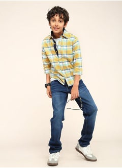 Bonkids Boy's shirts in regular fit yellow colour cotton fabric embellished pattern pull over closure woven weave type round collar type round neckline half sleeve length button down upper body wear type suitable for casual occasions – a must-have trendsetter this season!  - Image 1