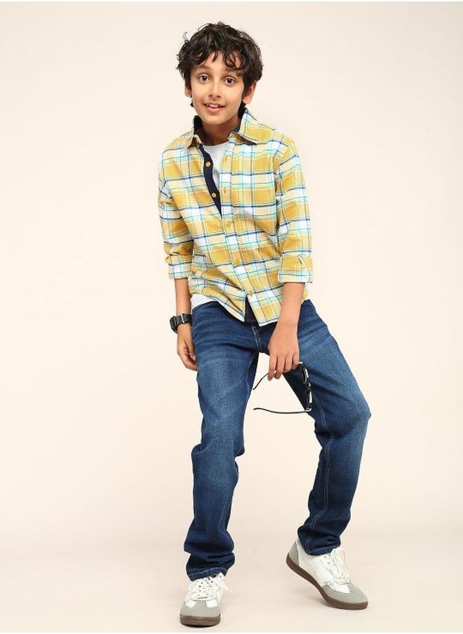Bonkids - Boy's shirts in regular fit yellow colour cotton fabric embellished pattern pull over closure woven weave type round collar type round neckline half sleeve length button down upper body wear type suitable for casual occasions – a must-have trendsetter this season! - Image 1