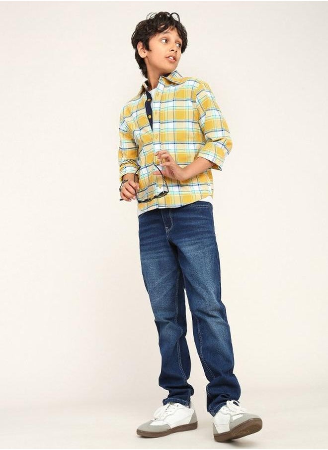 Bonkids - Boy's shirts in regular fit yellow colour cotton fabric embellished pattern pull over closure woven weave type round collar type round neckline half sleeve length button down upper body wear type suitable for casual occasions – a must-have trendsetter this season! - Image 1