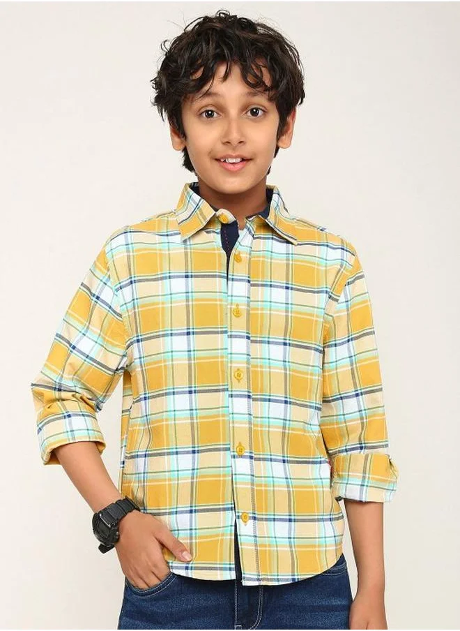 بونكيدز Boy's shirts in regular fit yellow colour cotton fabric embellished pattern pull over closure woven weave type round collar type round neckline half sleeve length button down upper body wear type suitable for casual occasions – a must-have trendsetter this season!
