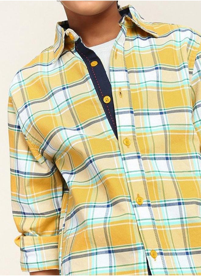 Bonkids - Boy's shirts in regular fit yellow colour cotton fabric embellished pattern pull over closure woven weave type round collar type round neckline half sleeve length button down upper body wear type suitable for casual occasions – a must-have trendsetter this season! - Image 1
