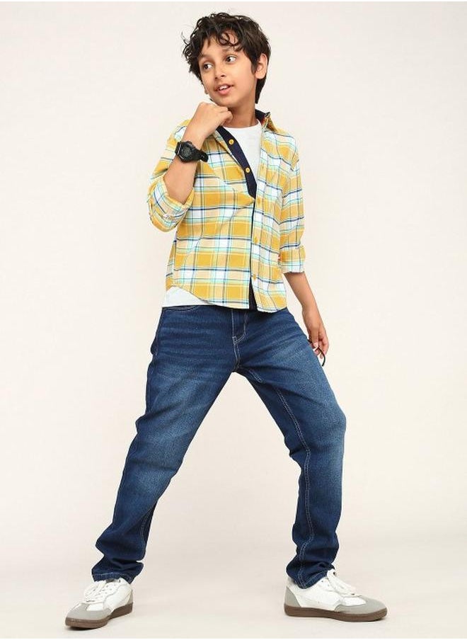 Bonkids - Boy's shirts in regular fit yellow colour cotton fabric embellished pattern pull over closure woven weave type round collar type round neckline half sleeve length button down upper body wear type suitable for casual occasions – a must-have trendsetter this season! - Image 1
