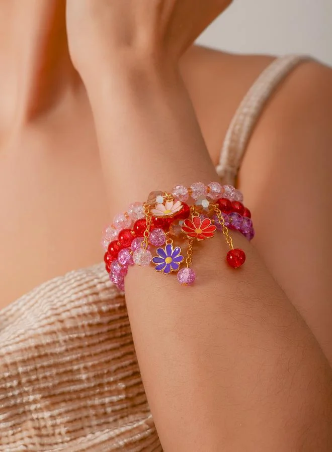 Pack of 3 - Multi-Color Floral Charm Beaded Bracelets