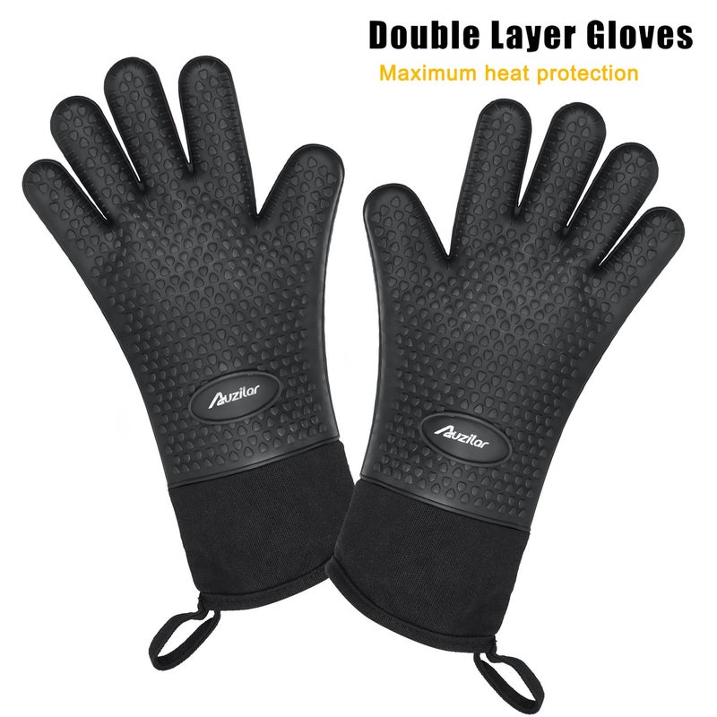 Auzilar Silicone Cooking Gloves, Heat Resistant BBQ Kitchen Oven Mitts, Long Waterproof Non-Slip Potholder for Barbecue, Cooking, Baking - Image 2