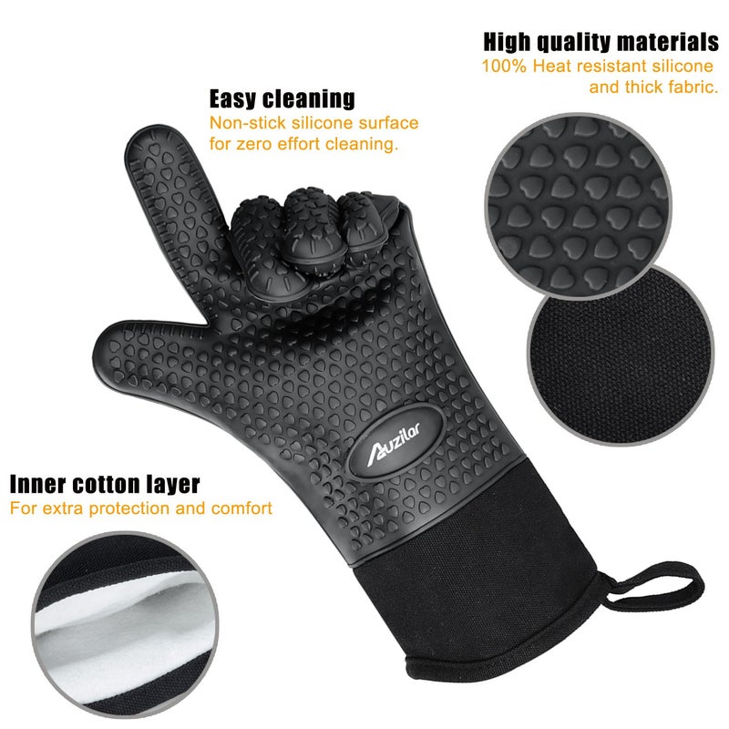 Auzilar Silicone Cooking Gloves, Heat Resistant BBQ Kitchen Oven Mitts, Long Waterproof Non-Slip Potholder for Barbecue, Cooking, Baking - Image 4